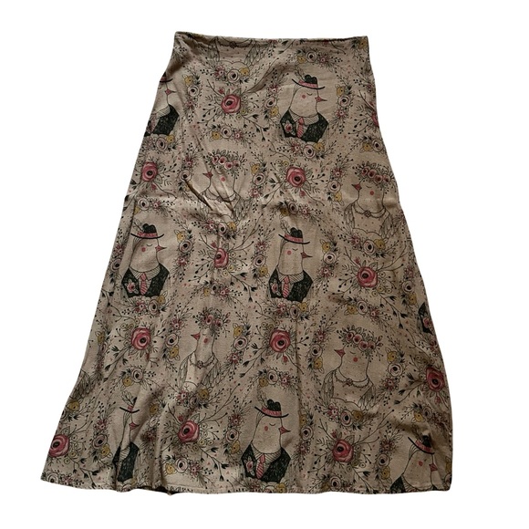 Anthropologie Pepaloves Linen Blend Tan Floral Bird Midi Skirt Size Medium - Picture 3 of 9